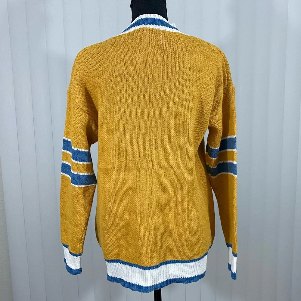 AELFRIC EDEN Unisex Varsity Letterman Sweater Cardigan Patchwork Yellow Gold M - Picture 4 of 12